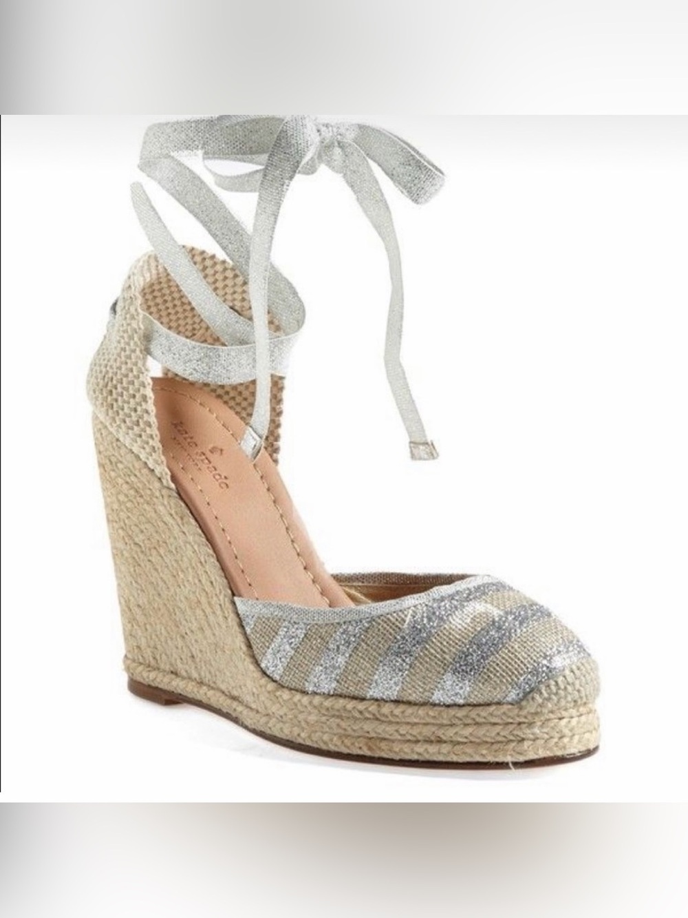 Kate Spade Santorini Espadrille Wedges Sandals Silver Tan Women's Size 9